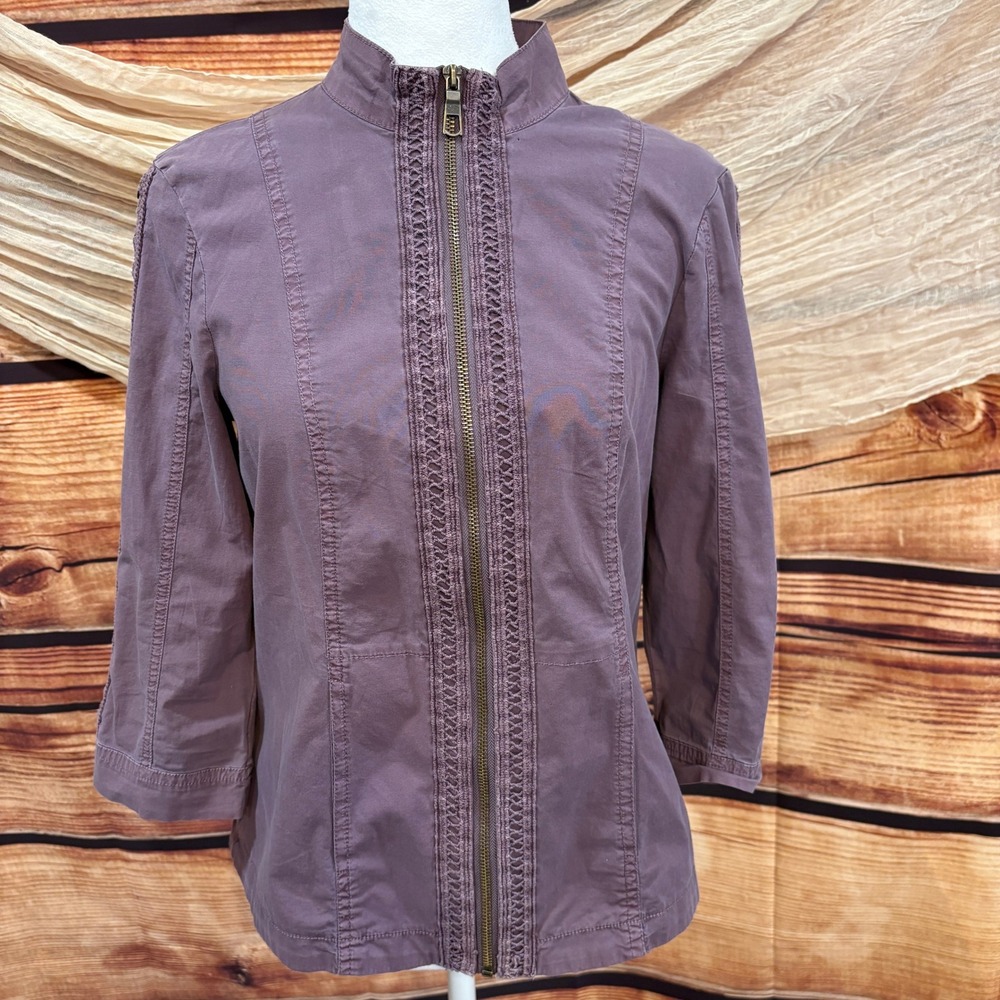 XCVI‎ Womens 3/4 Sleeve Plum Zip Front Mandarin Collar Blouse Size M
